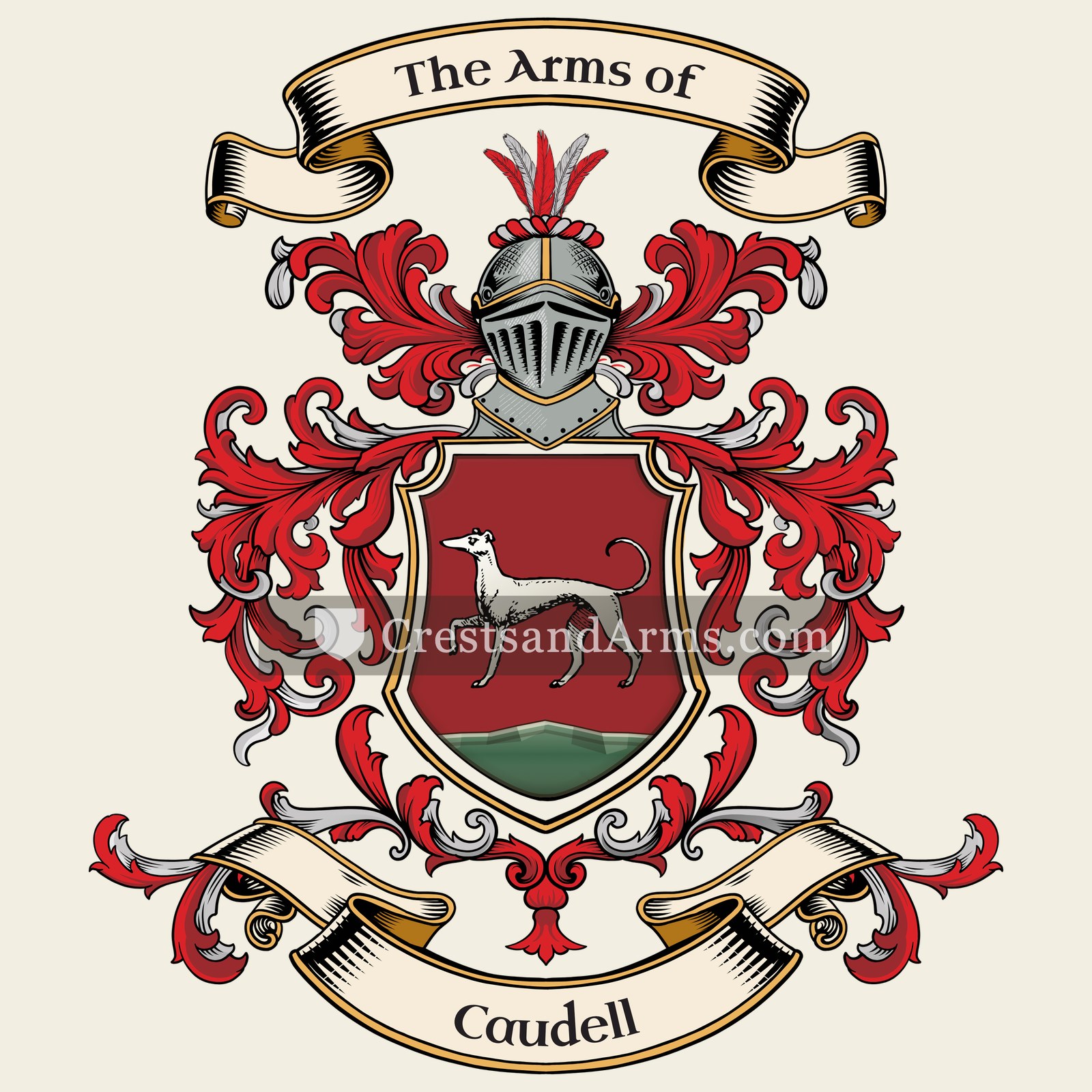 The Caudell coat of arms, drawn from the recorded blazon
