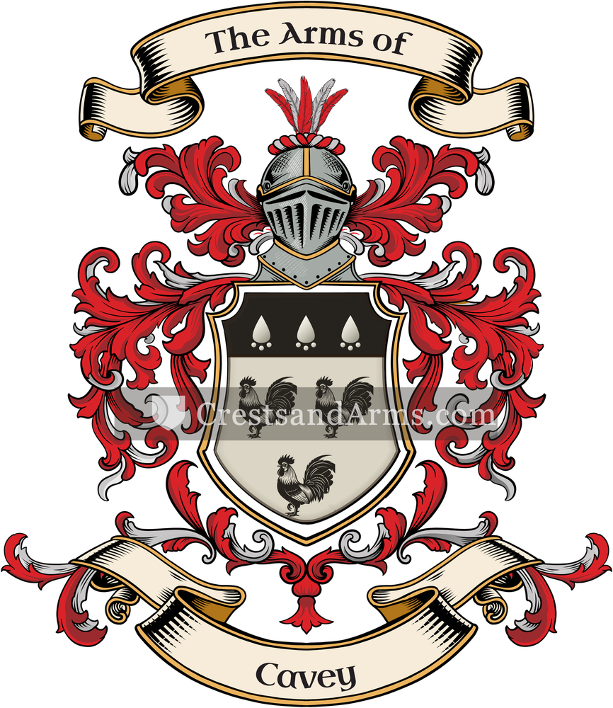 The Cavey coat of arms, drawn from the recorded blazon