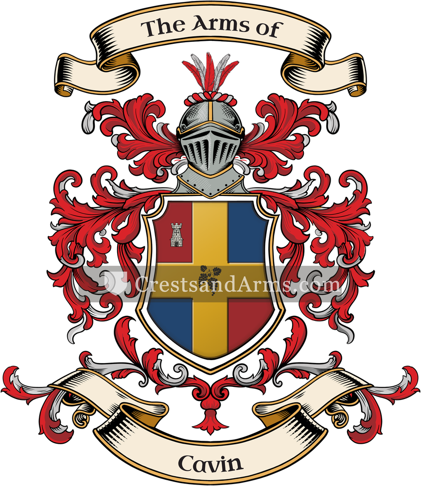 The Cavin coat of arms, drawn from the recorded blazon