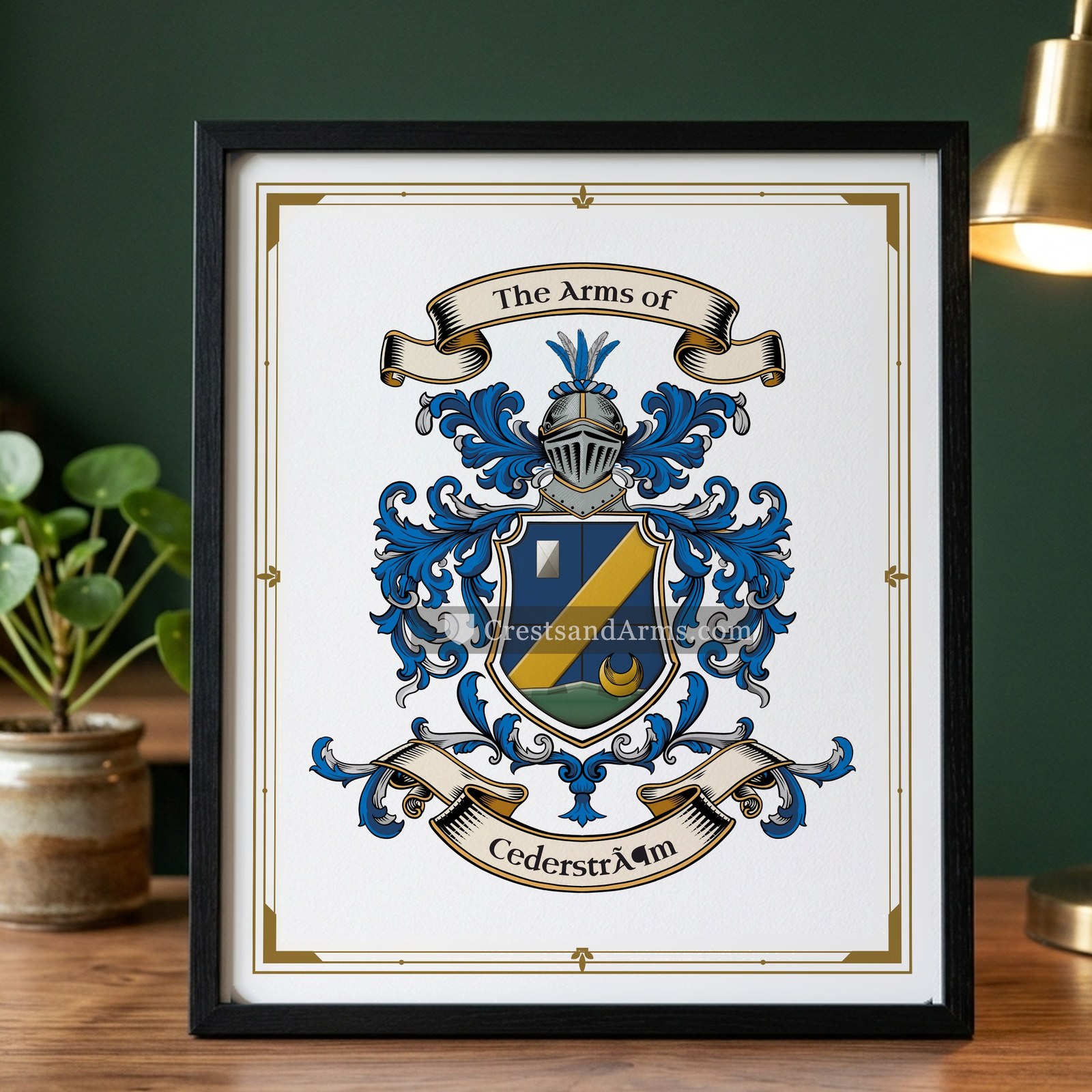 The Cederström arms on the framed, black wood