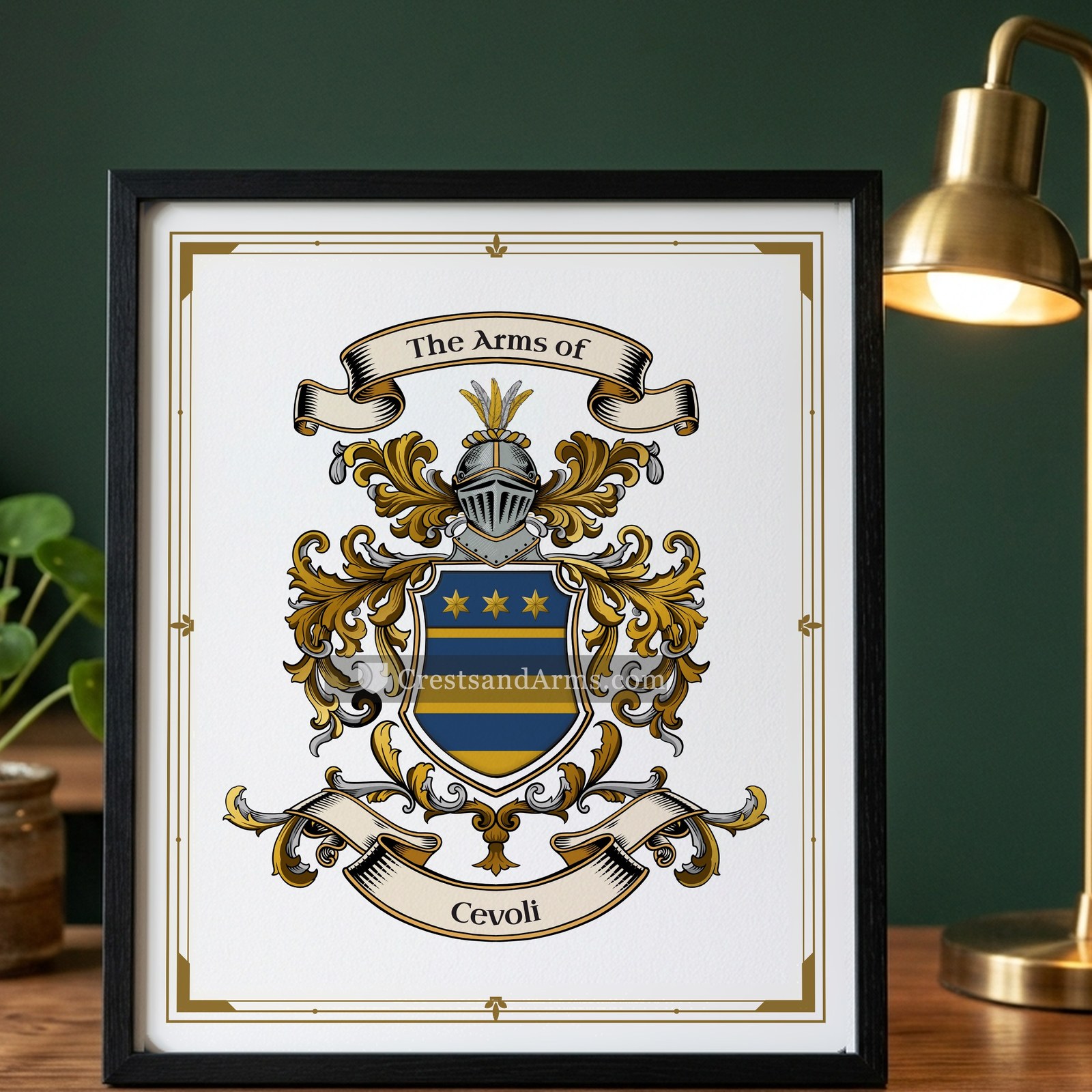 The Cevoli arms on the framed, black wood