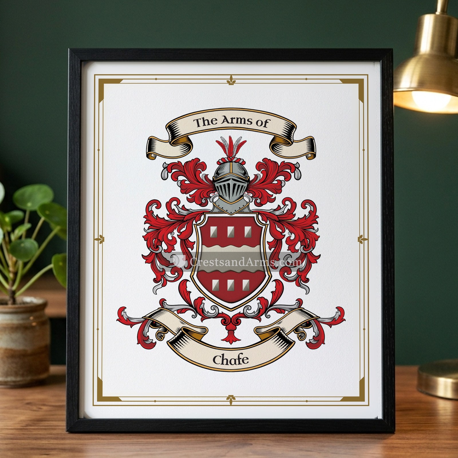 The Chafe arms on the framed, black wood