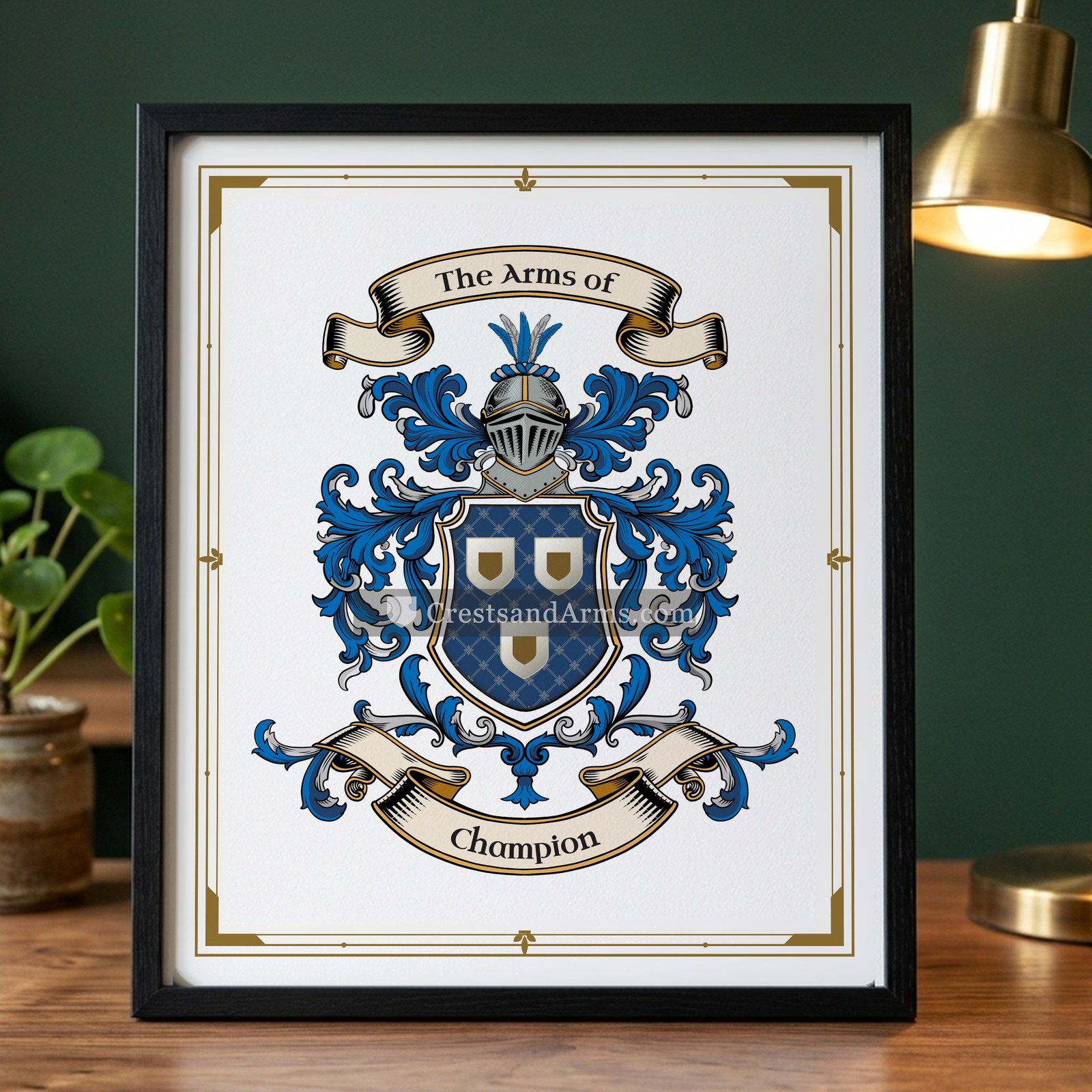 The Champion arms on the framed, black wood