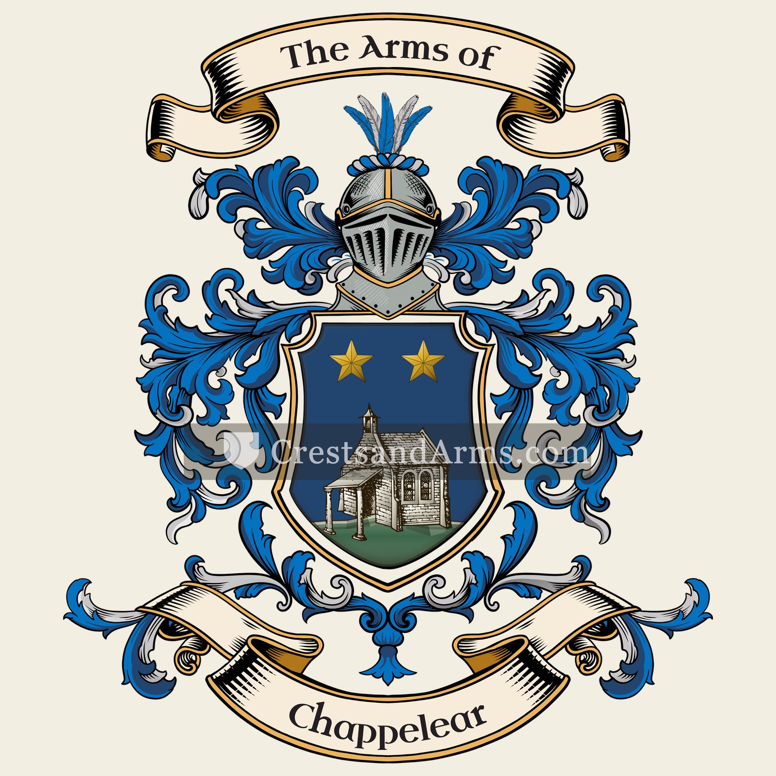 The Chappelear coat of arms, drawn from the recorded blazon