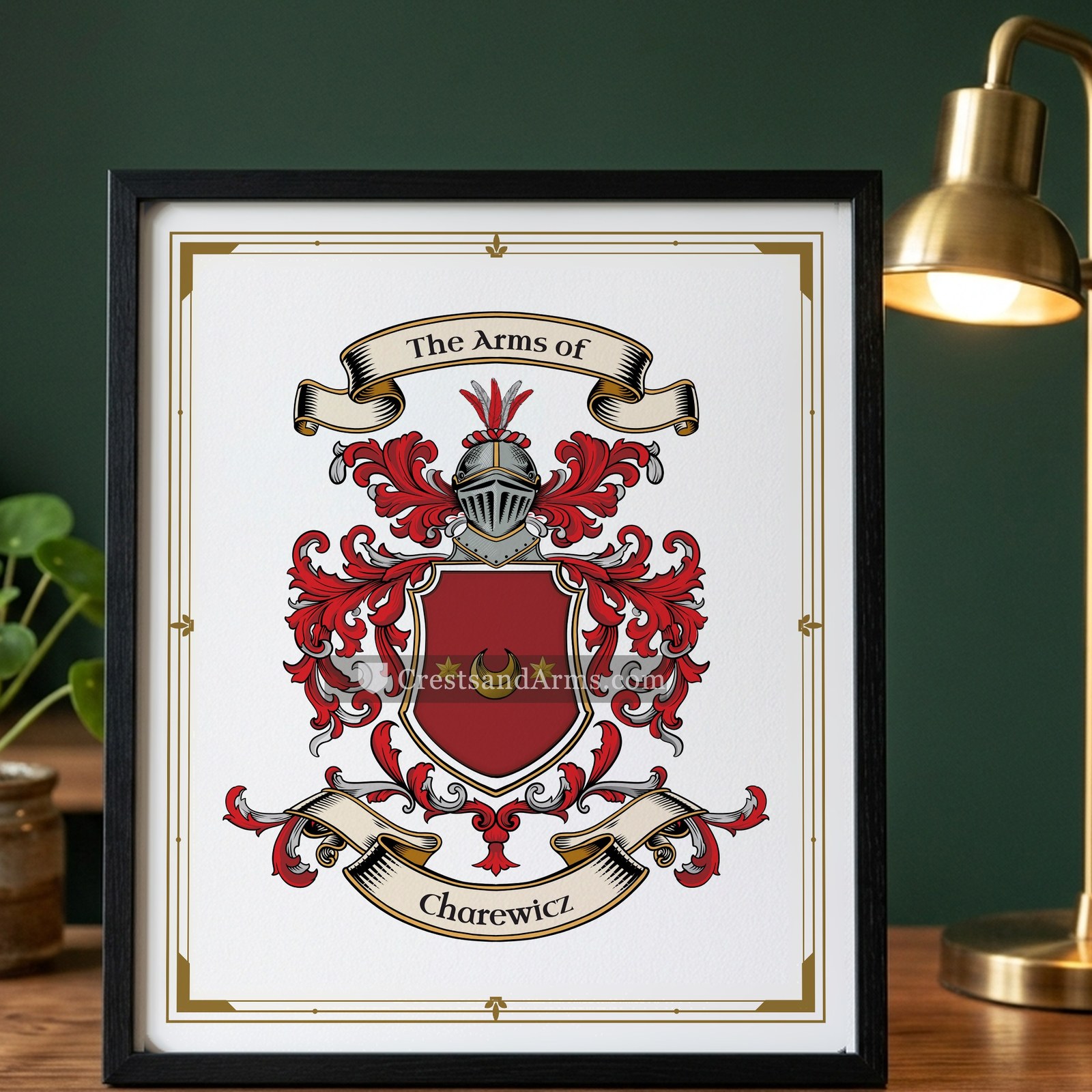 The Charewicz arms on the framed, black wood