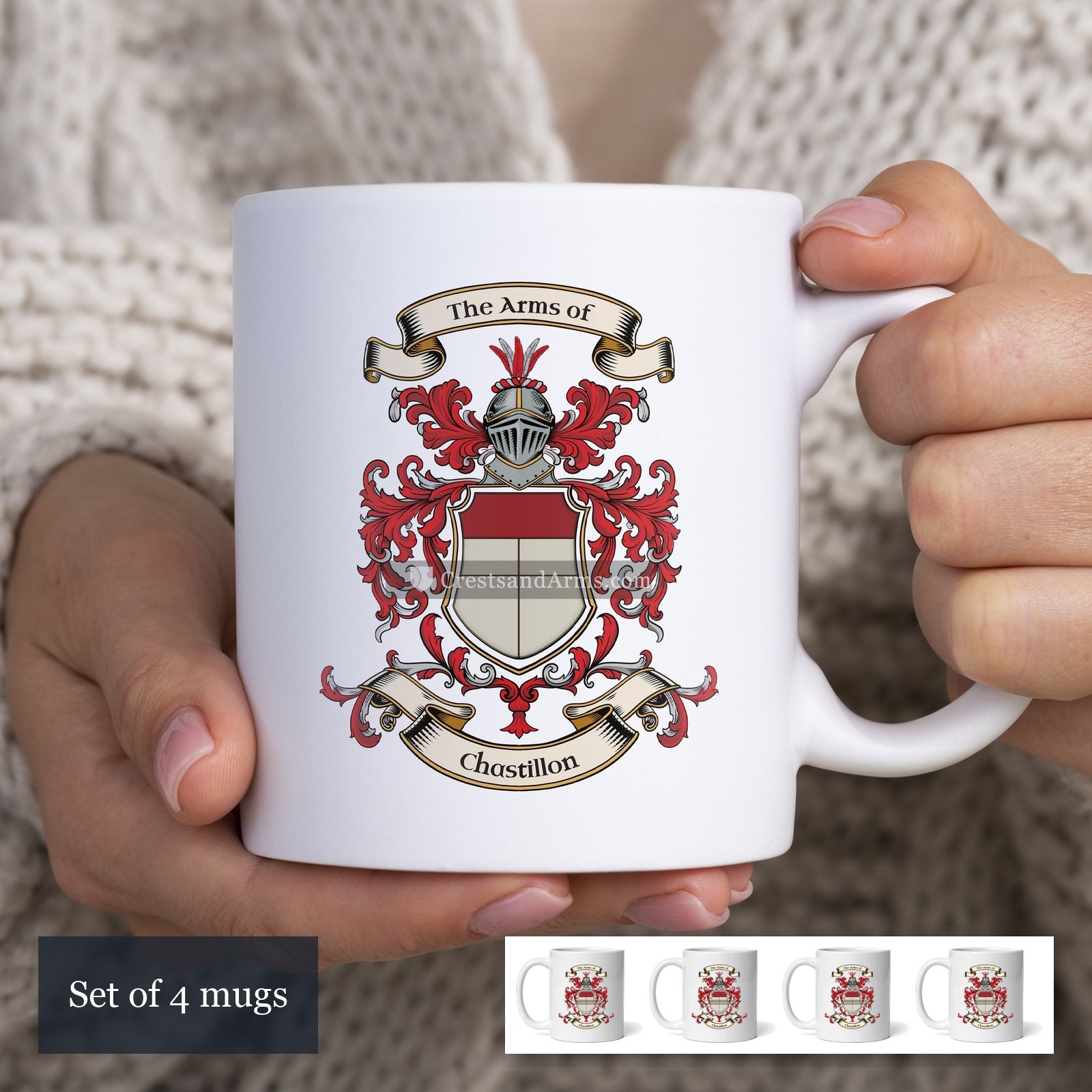 The Chastillon arms on the set of 4 mugs