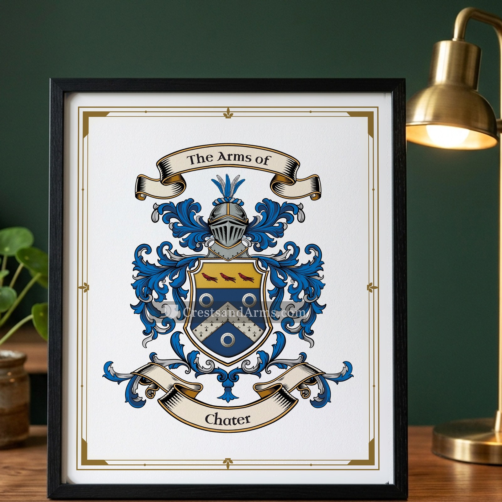 The Chater arms on the framed, black wood