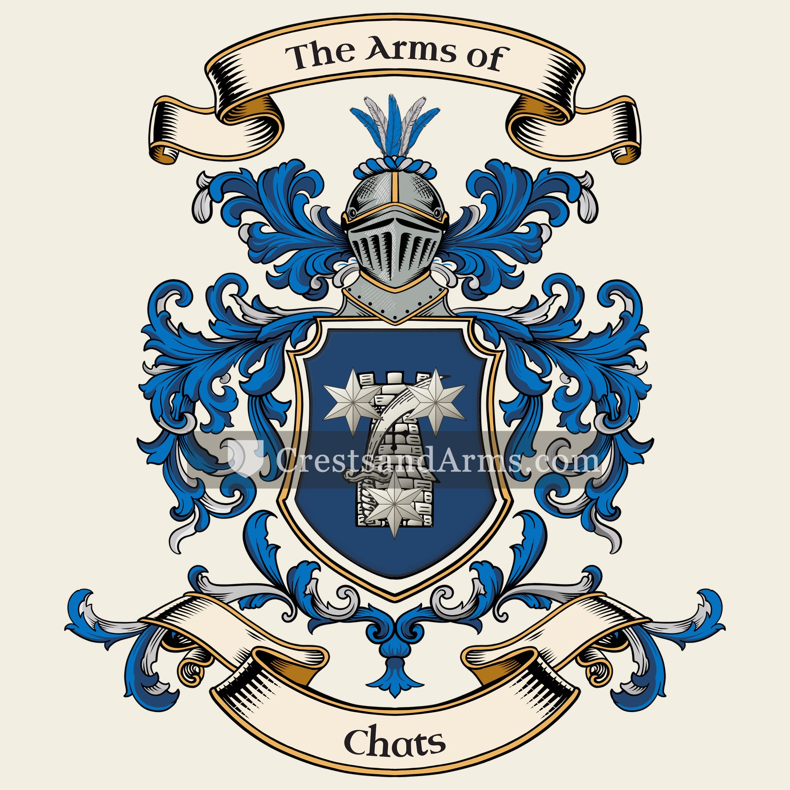 The Chats coat of arms, drawn from the recorded blazon