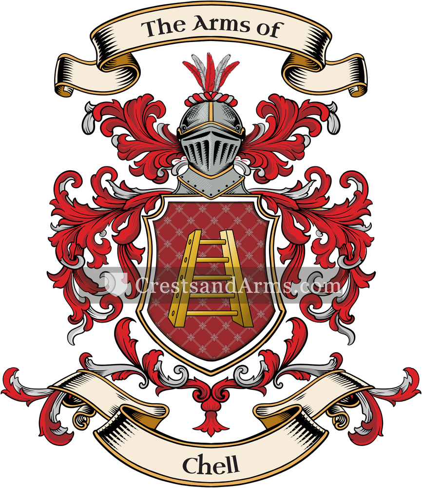The Chell coat of arms, drawn from the recorded blazon