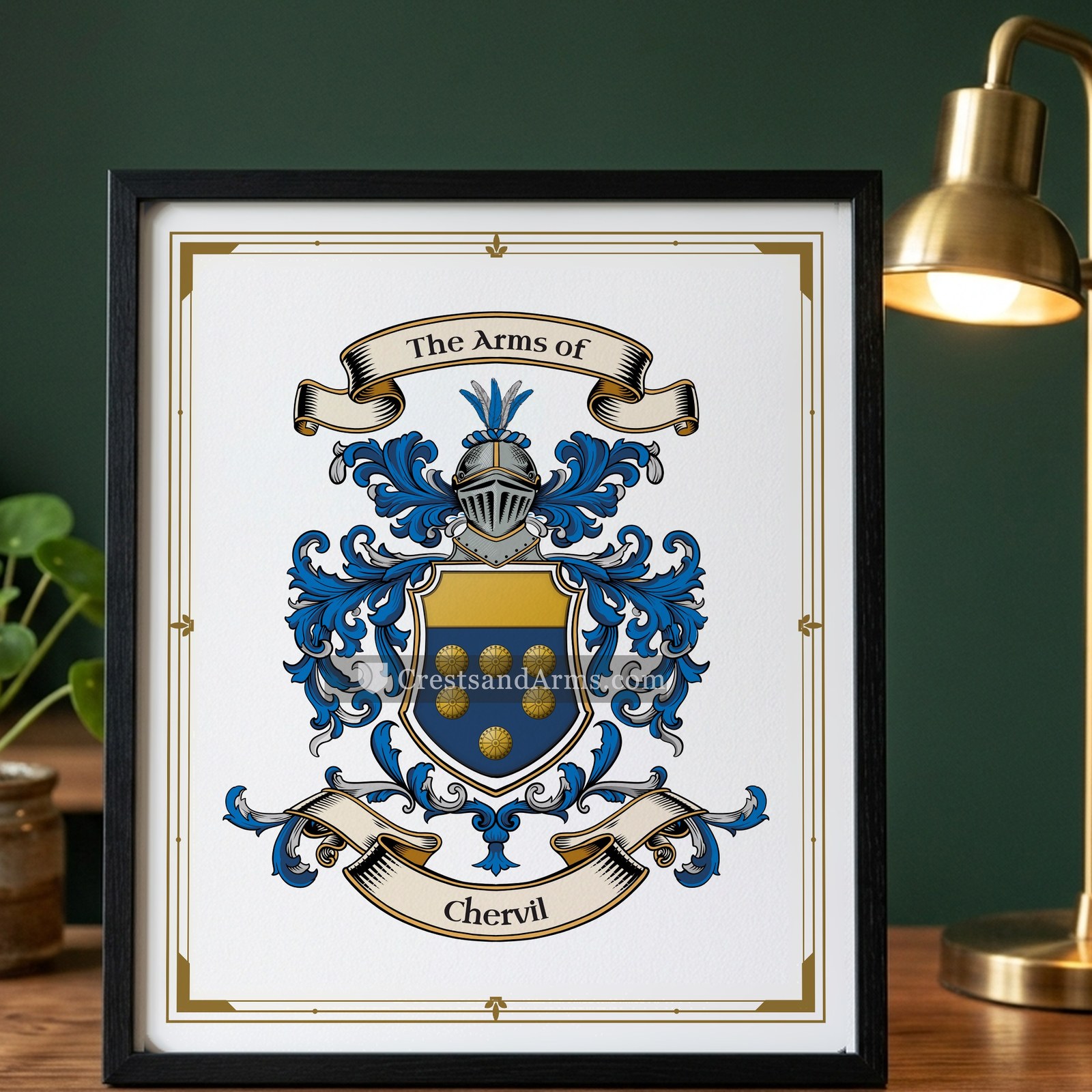 The Chervil arms on the framed, black wood