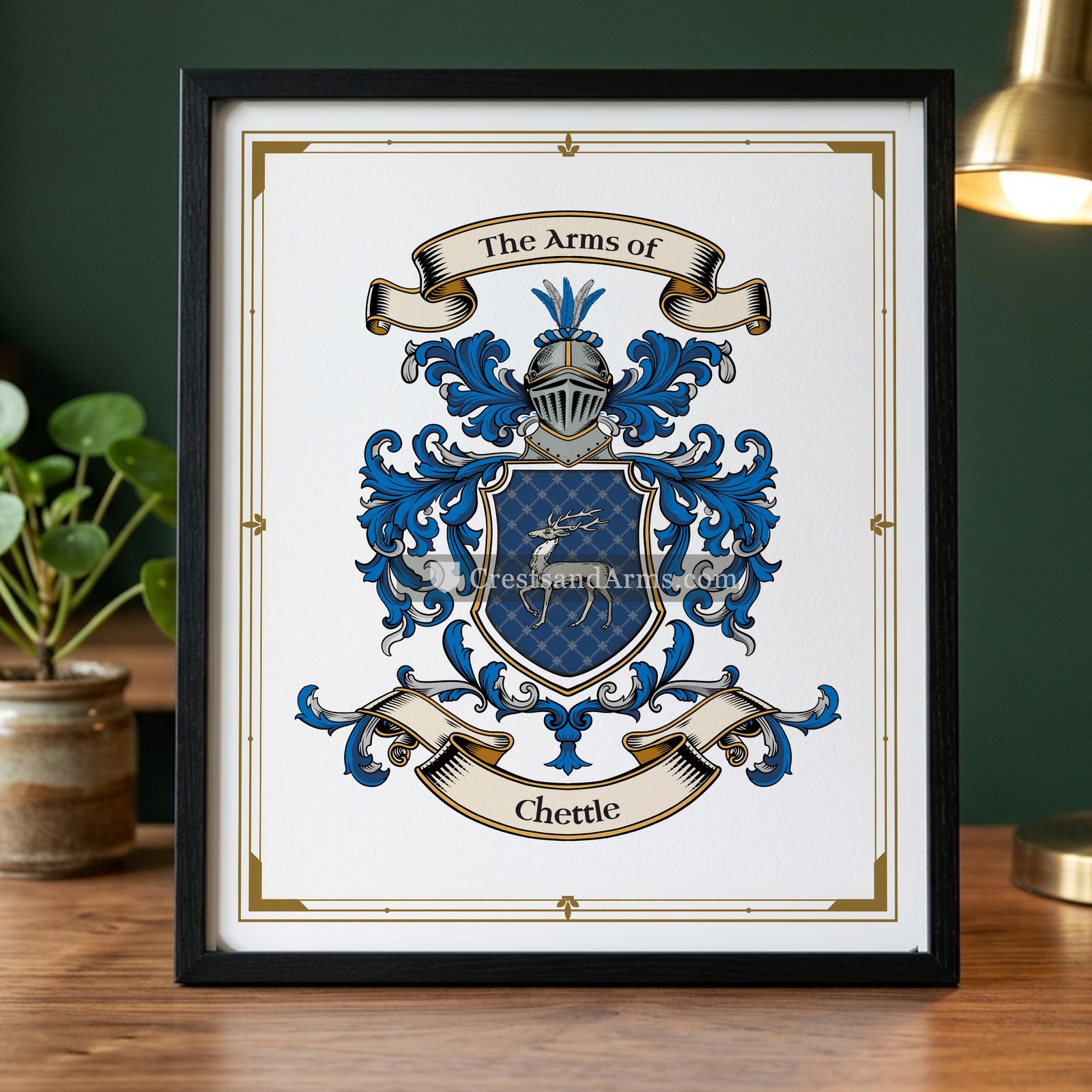 The Chettle arms on the framed, black wood