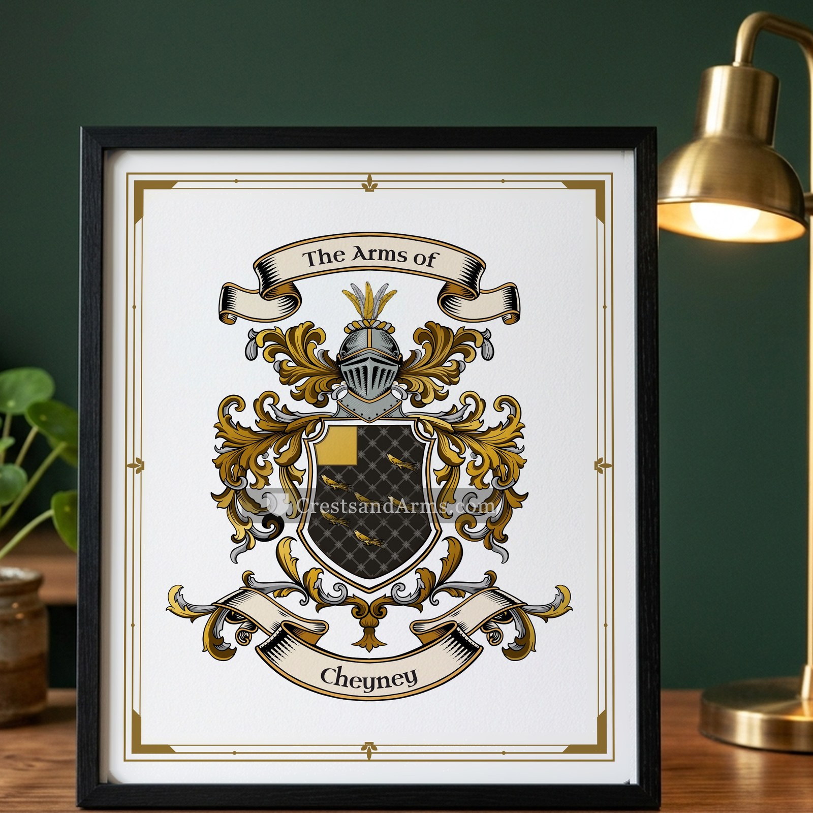 The Cheyney arms on the framed, black wood