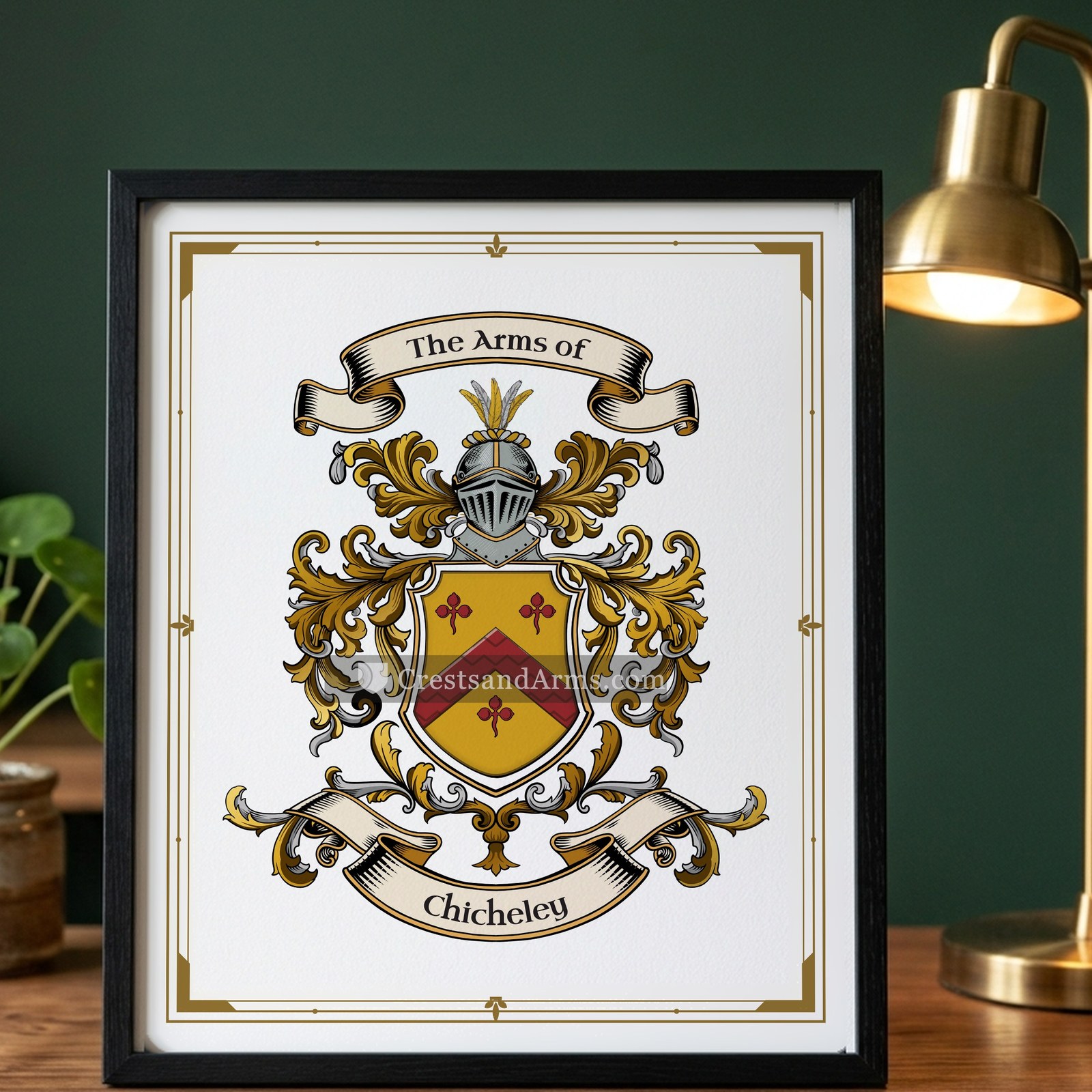 The Chicheley arms on the framed, black wood