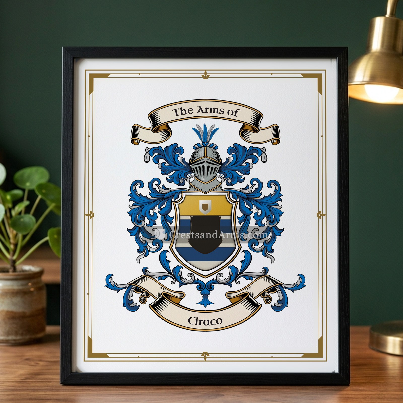 The Ciraco arms on the framed, black wood
