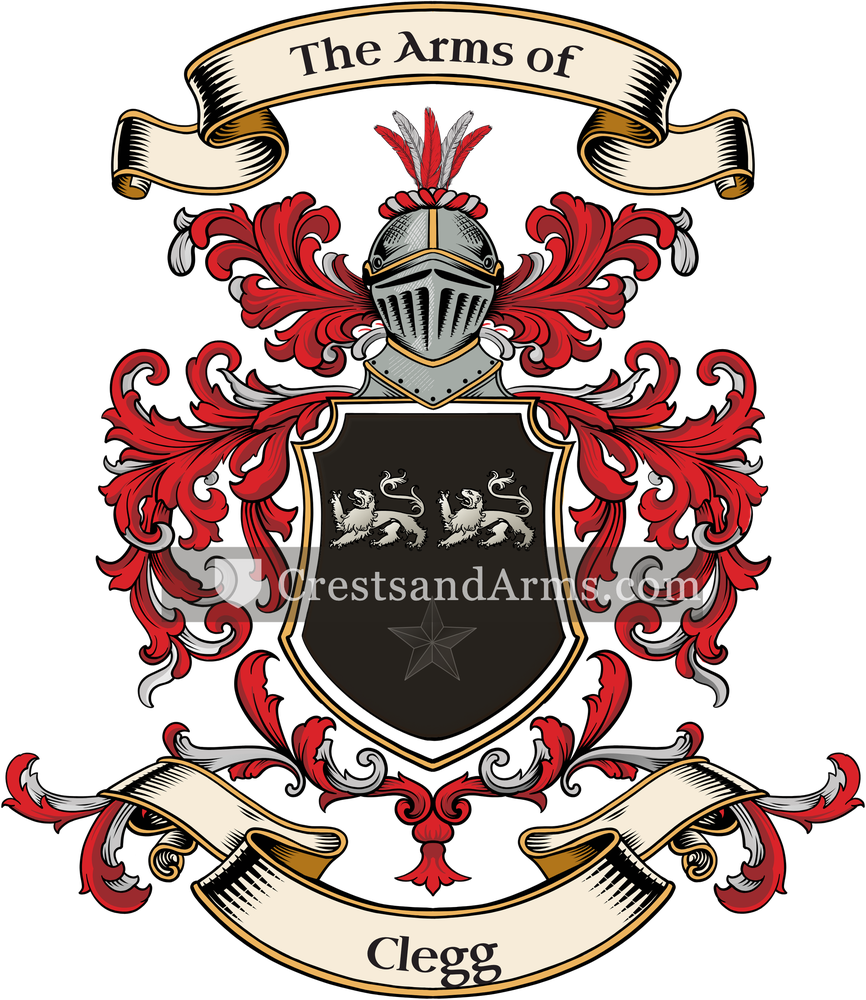 The Clegg coat of arms, drawn from the recorded blazon