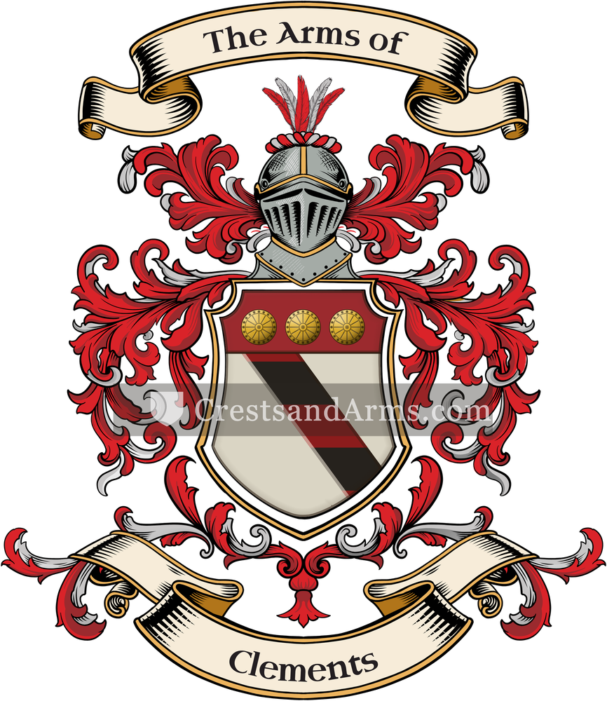 The Clements coat of arms, drawn from the recorded blazon