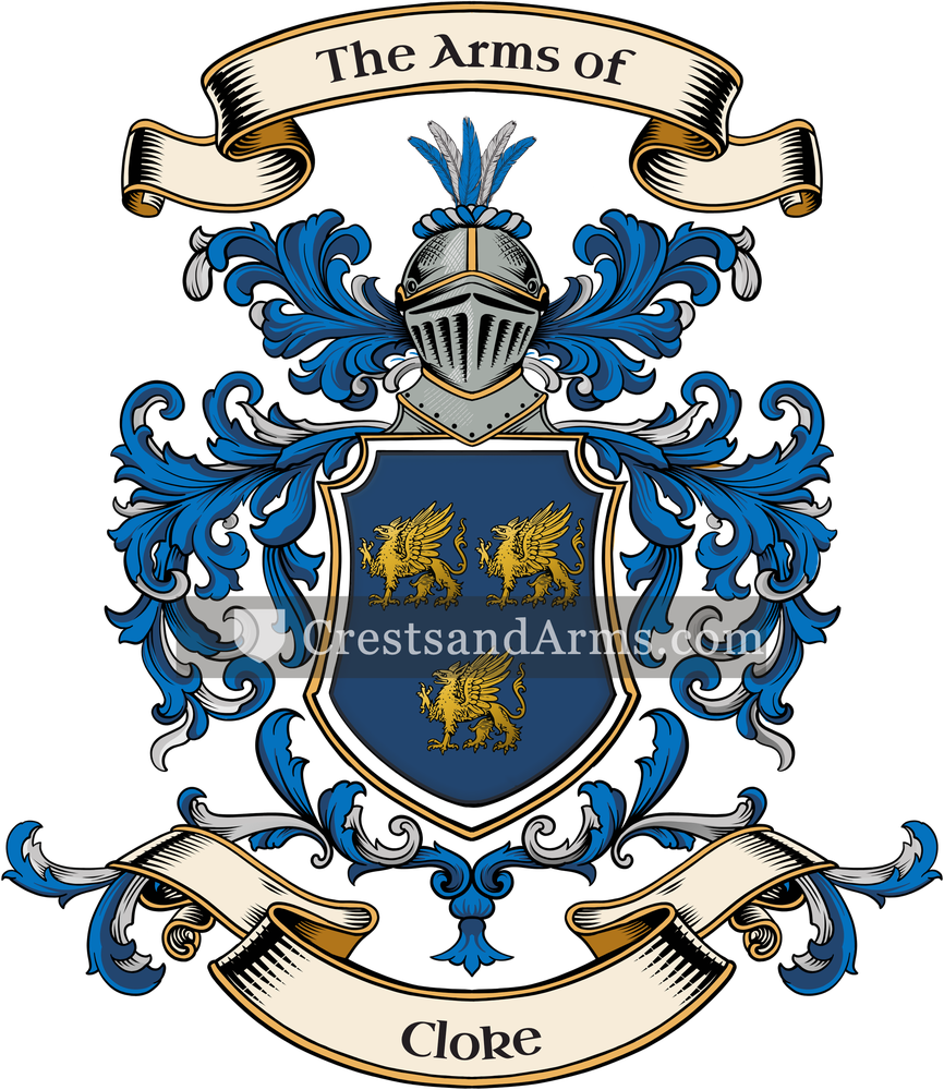 The Cloke coat of arms, drawn from the recorded blazon