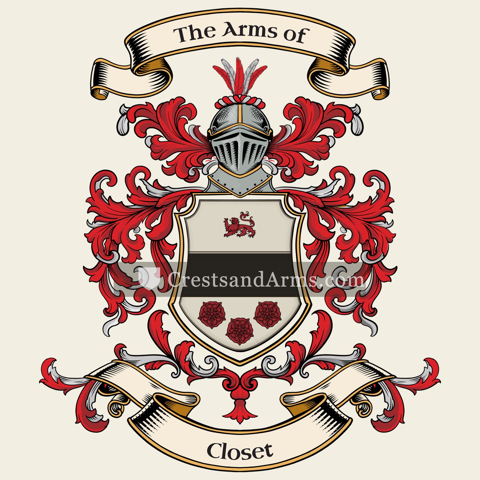 The Closet coat of arms, drawn from the recorded blazon