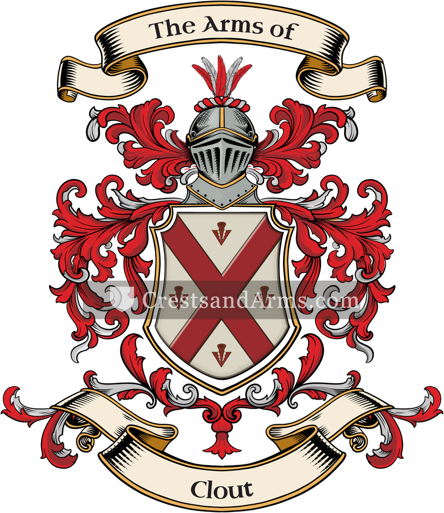 The Clout coat of arms, drawn from the recorded blazon
