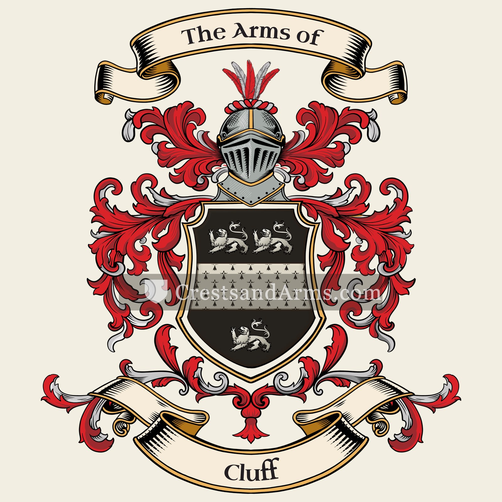 The Cluff coat of arms, drawn from the recorded blazon