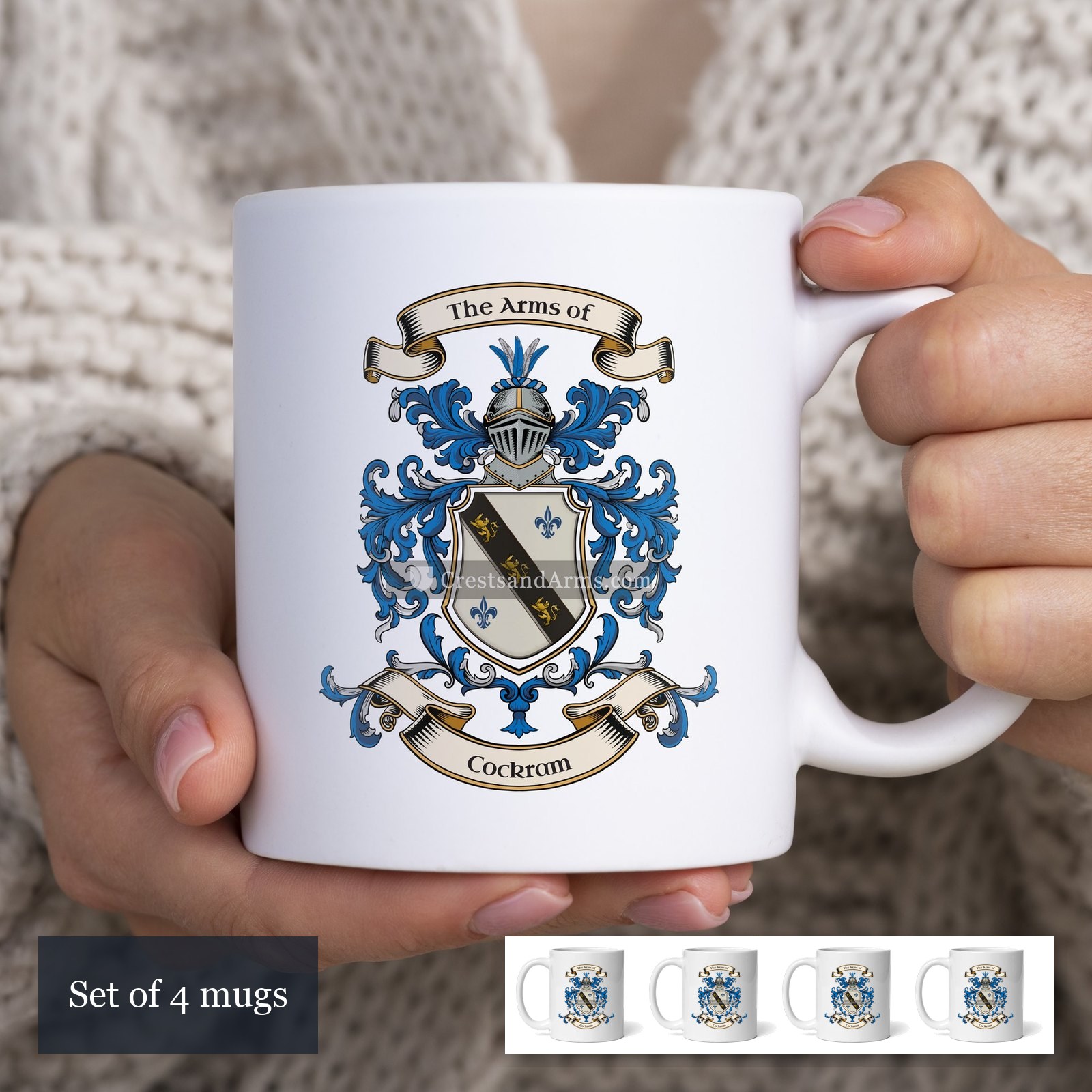 The Cockram arms on the set of 4 mugs