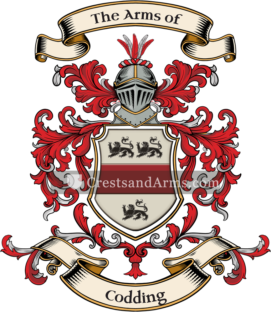 The Codding coat of arms, drawn from the recorded blazon