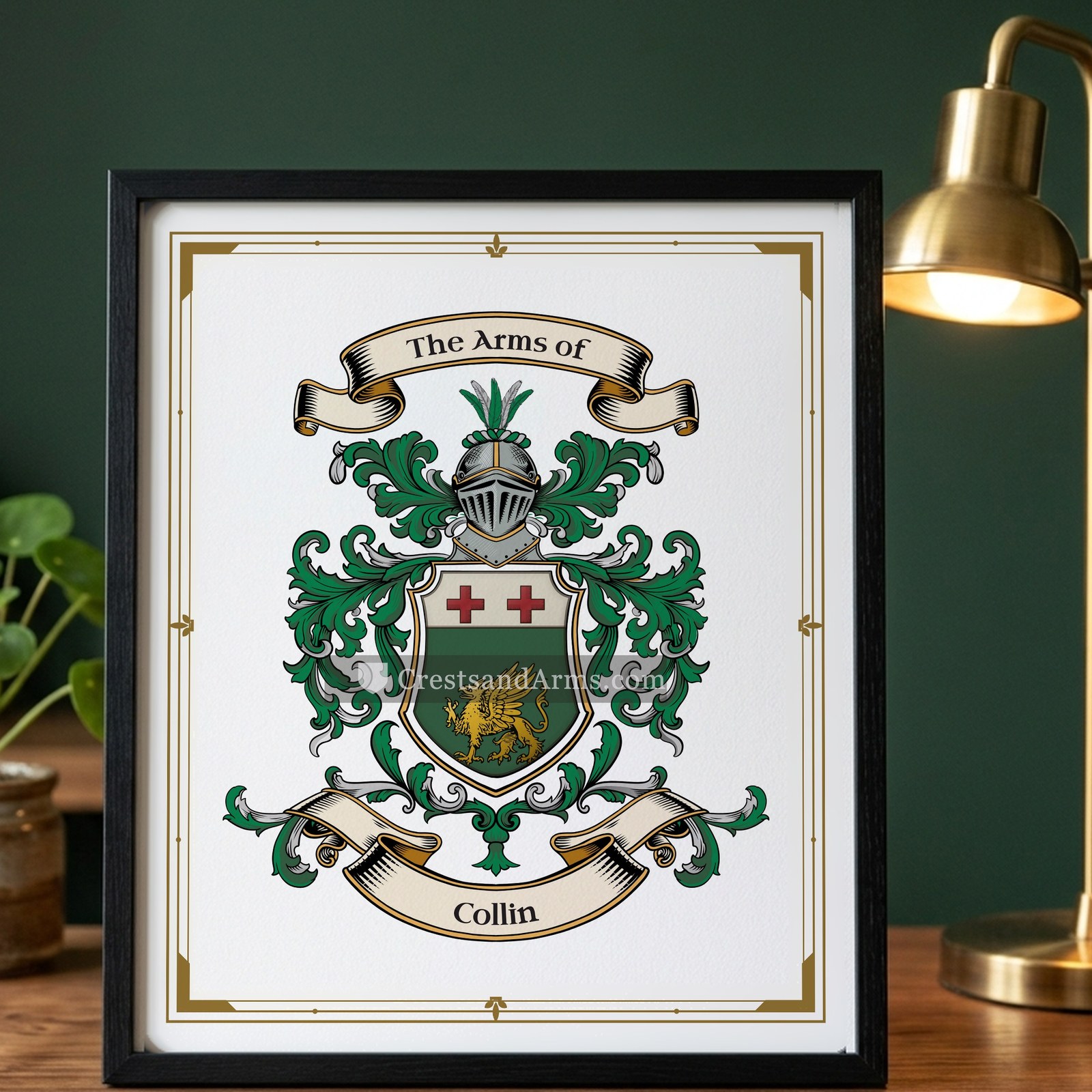 The Collin arms on the framed, black wood