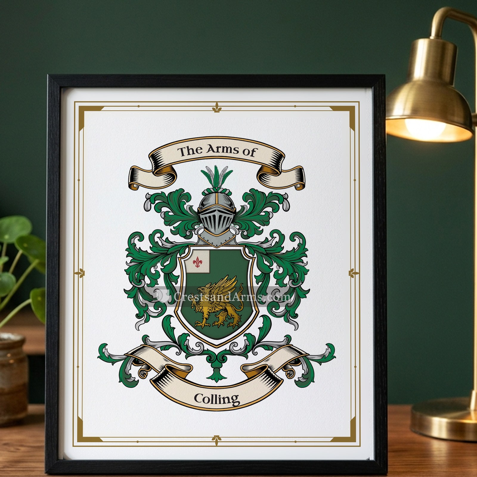 The Colling arms on the framed, black wood
