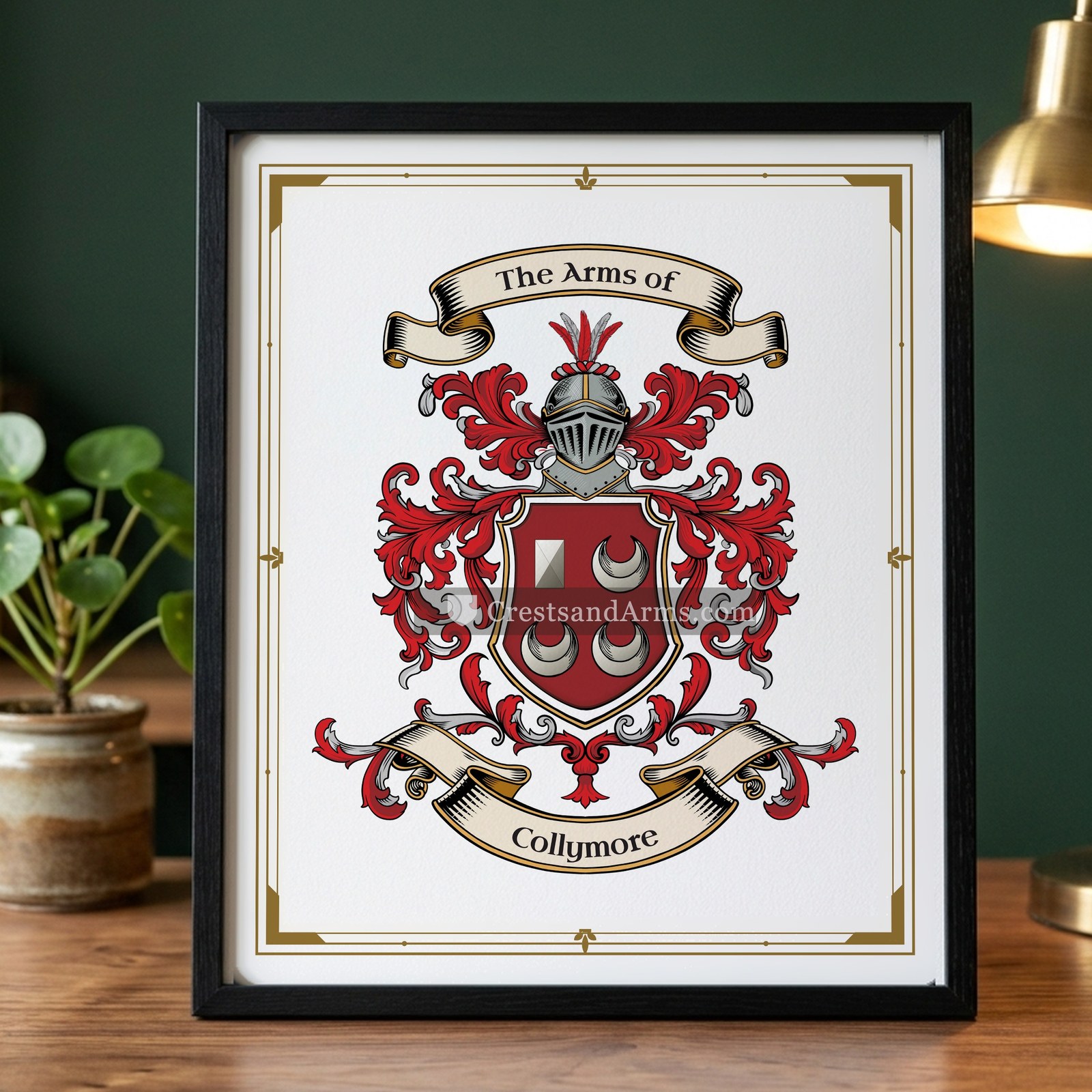 The Collymore arms on the framed, black wood