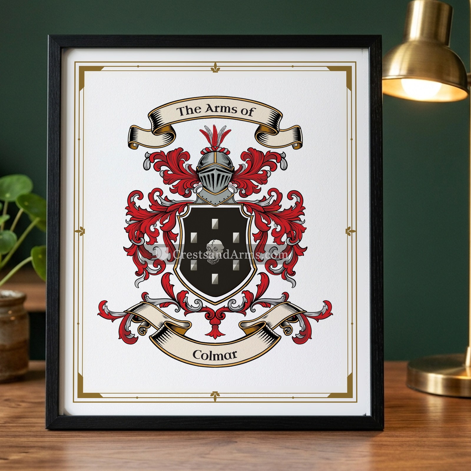 The Colmar arms on the framed, black wood