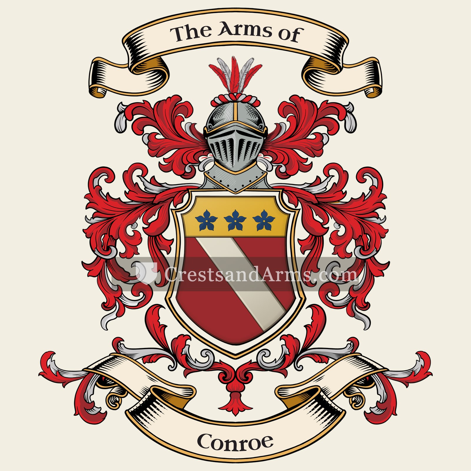 The Conroe coat of arms, drawn from the recorded blazon