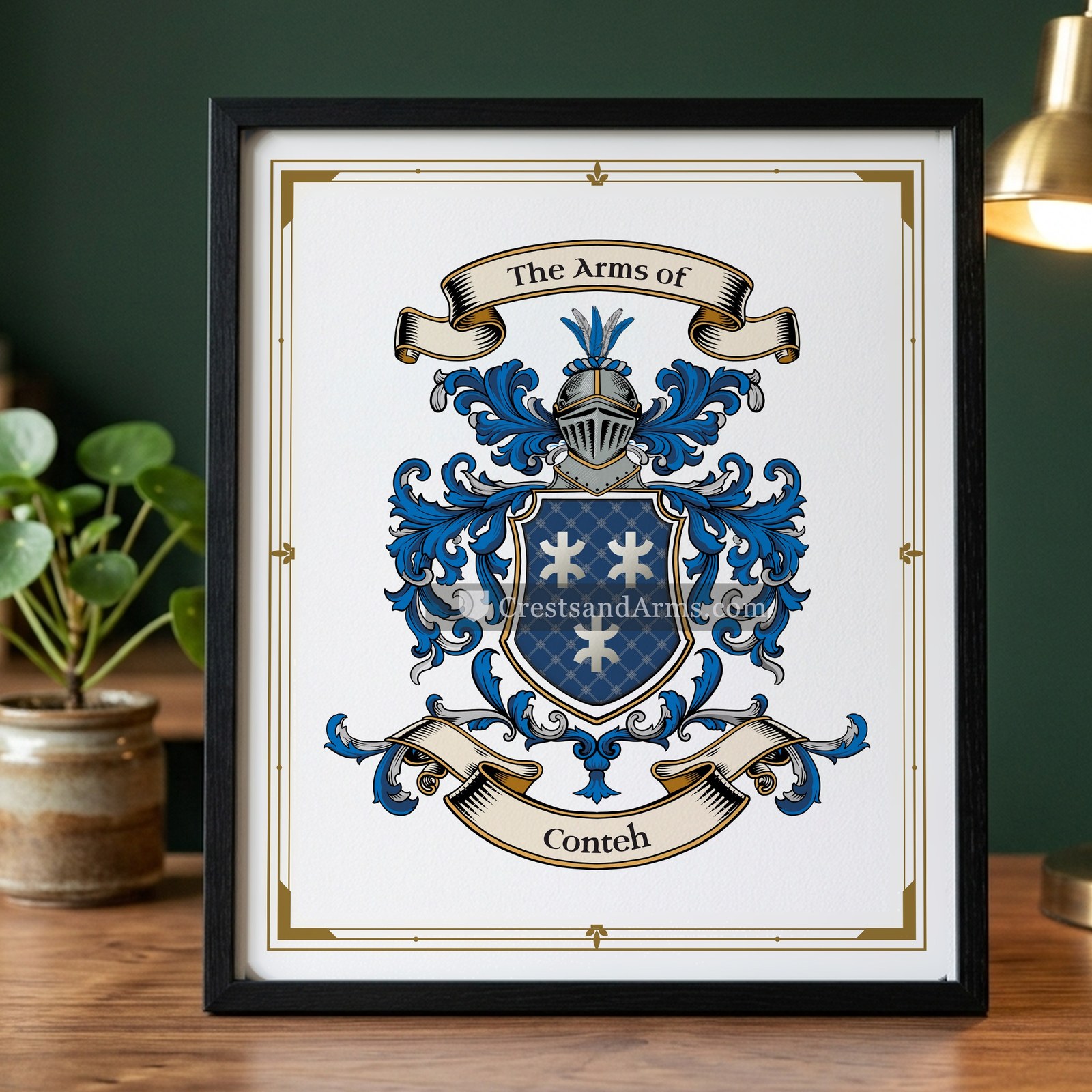 The Conteh arms on the framed, black wood