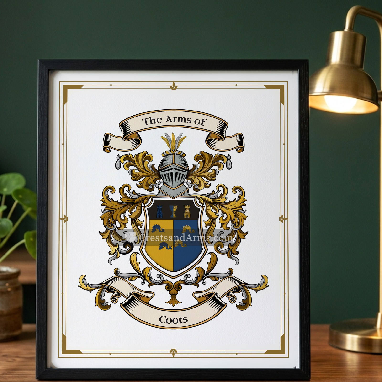 The Coots arms on the framed, black wood