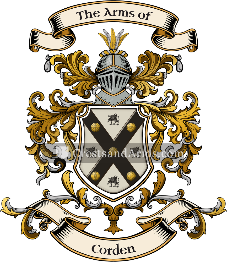 The Corden coat of arms, drawn from the recorded blazon