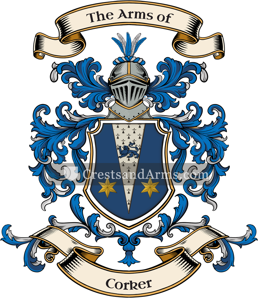 The Corker coat of arms, drawn from the recorded blazon
