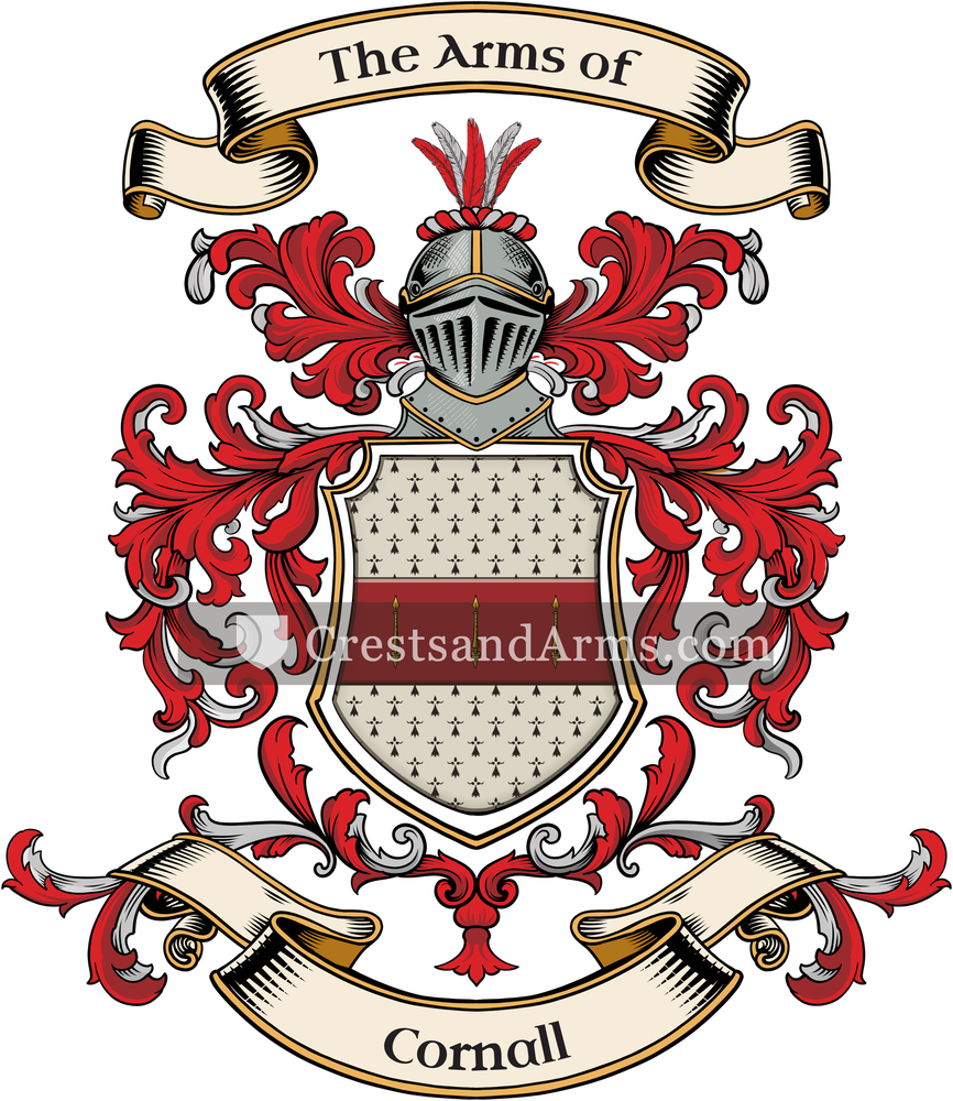 The Cornall coat of arms, drawn from the recorded blazon