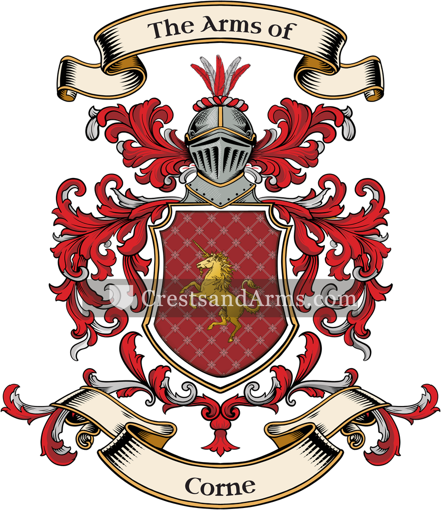The Corne coat of arms, drawn from the recorded blazon