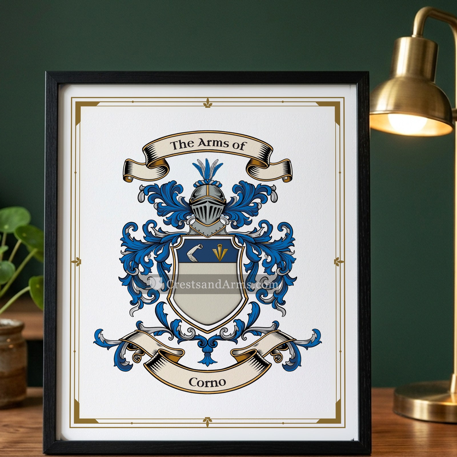 The Corno arms on the framed, black wood
