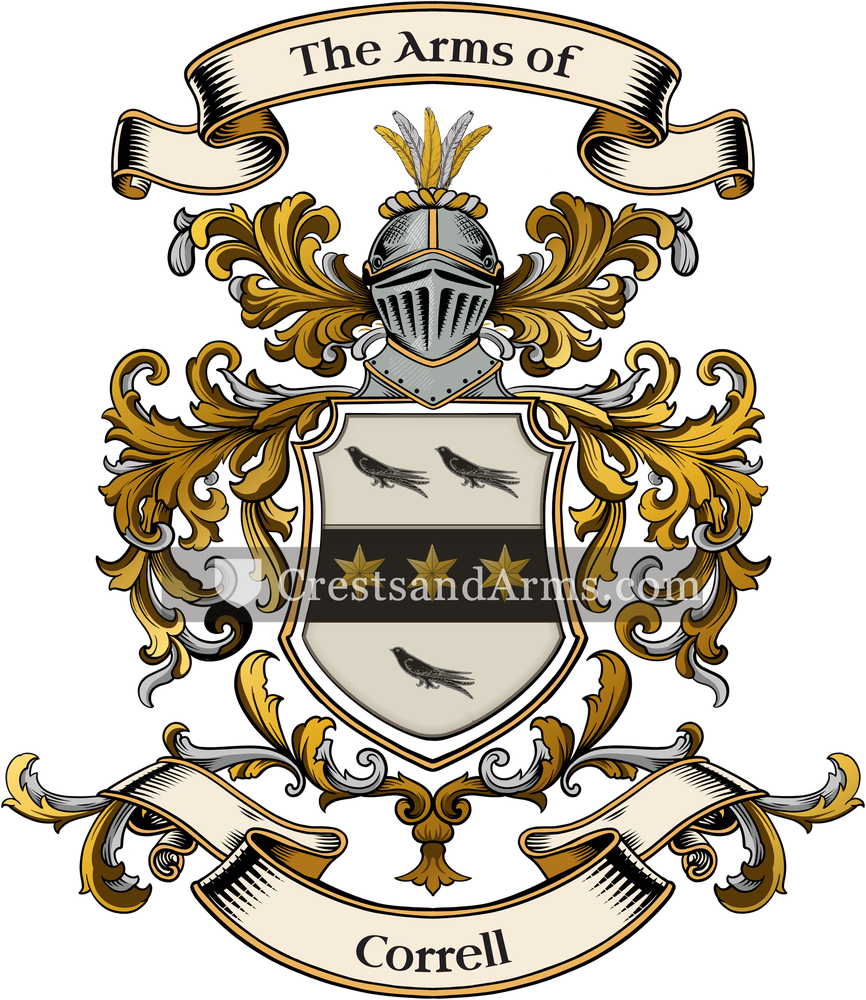 The Correll coat of arms, drawn from the recorded blazon