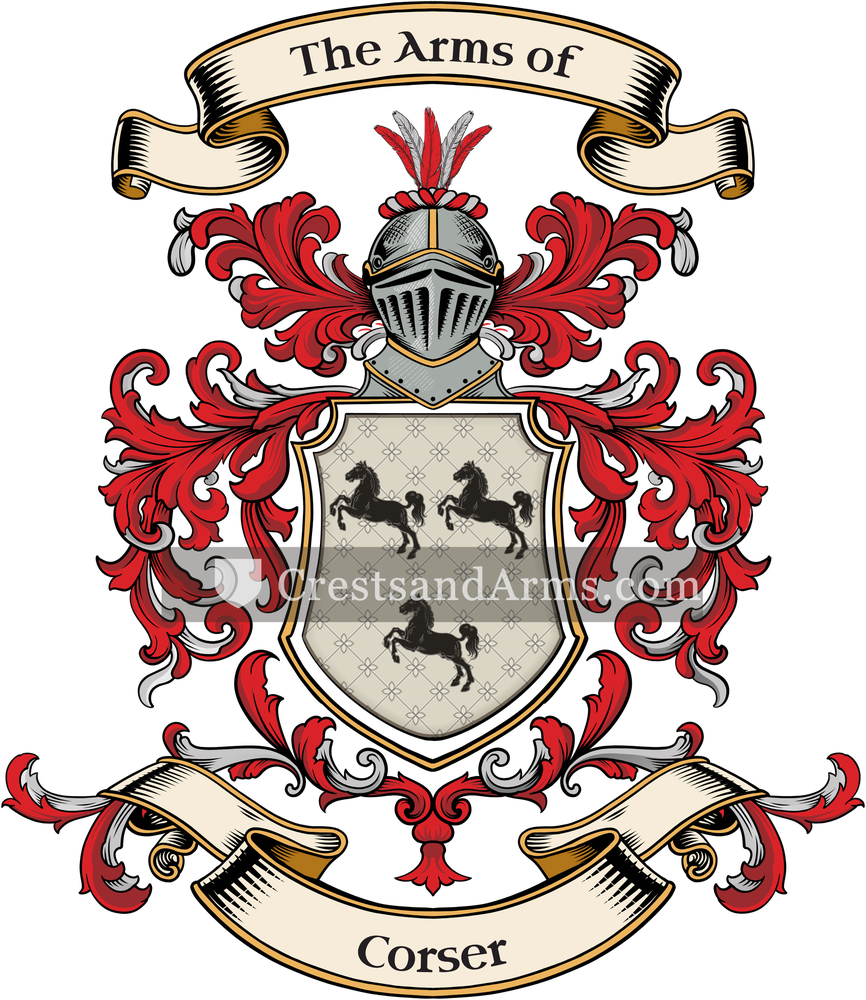 The Corser coat of arms, drawn from the recorded blazon