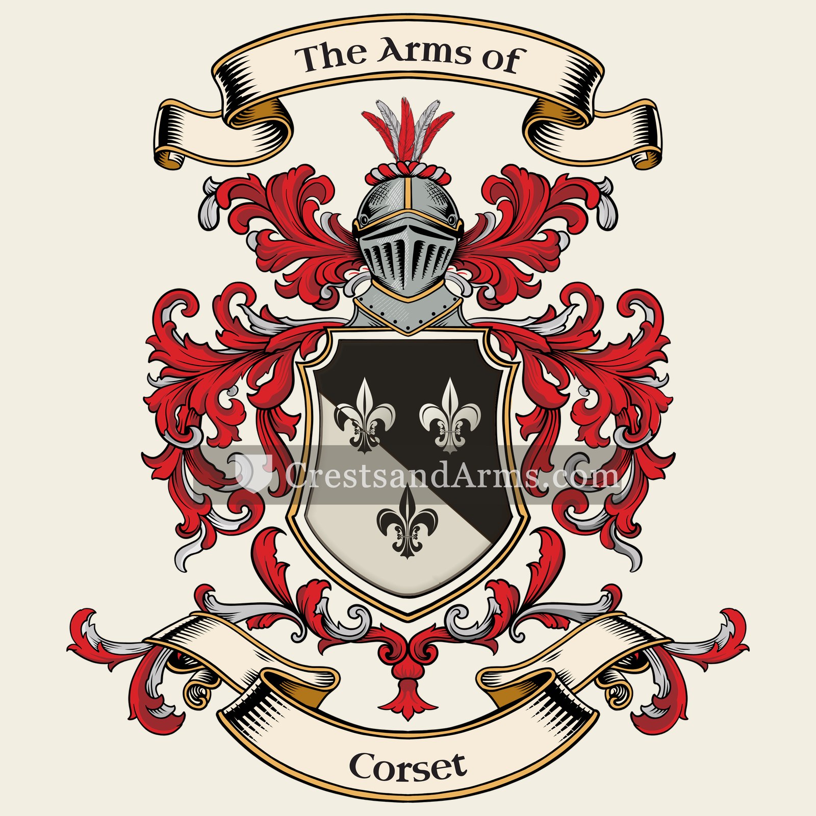 The Corset coat of arms, drawn from the recorded blazon