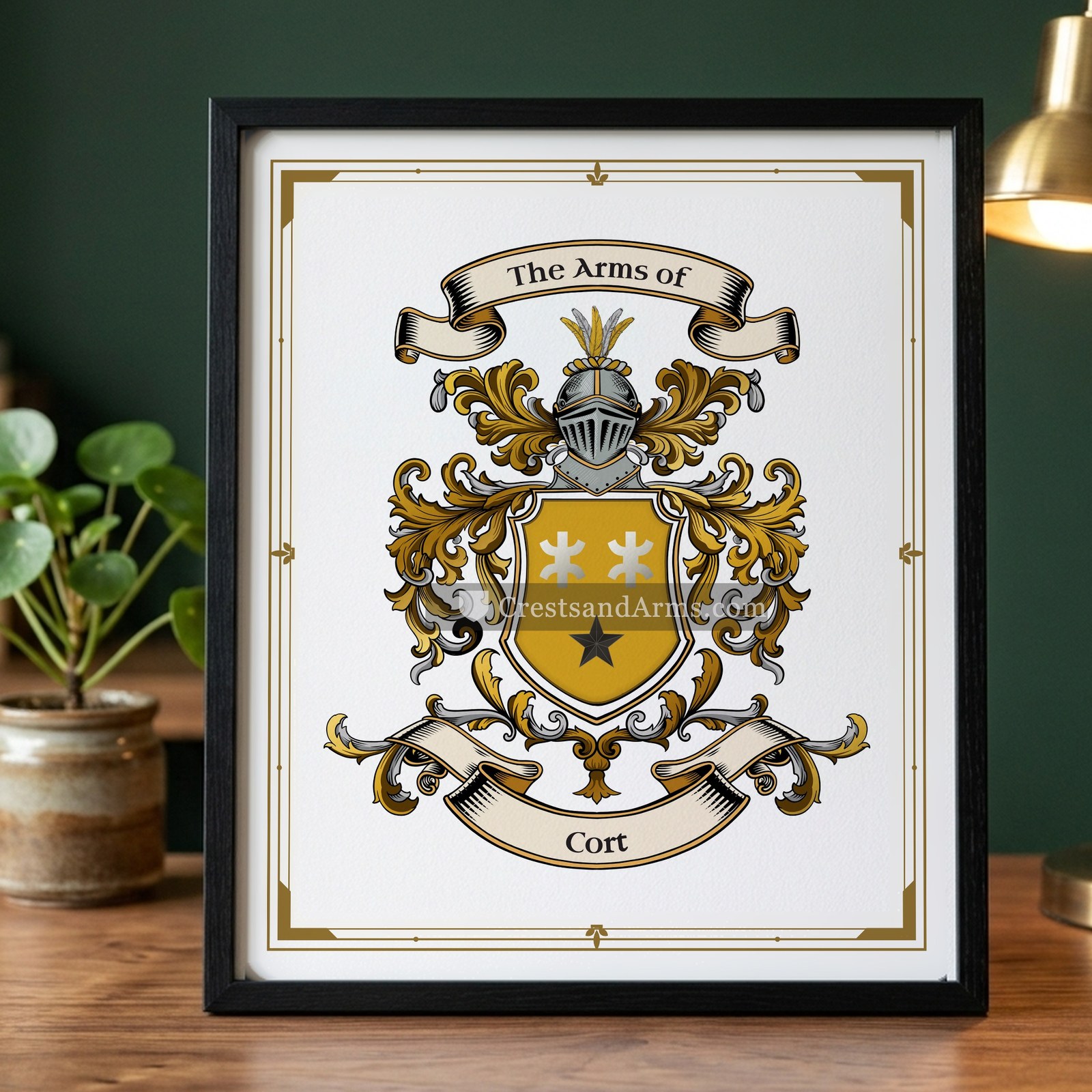 The Cort arms on the framed, black wood