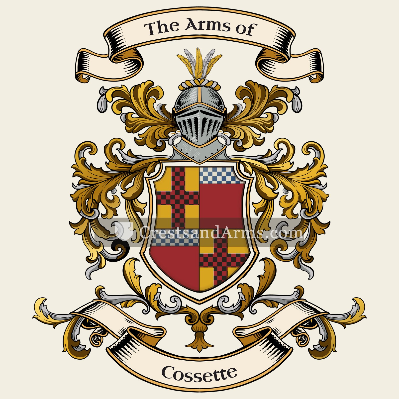 The Cossette coat of arms, drawn from the recorded blazon