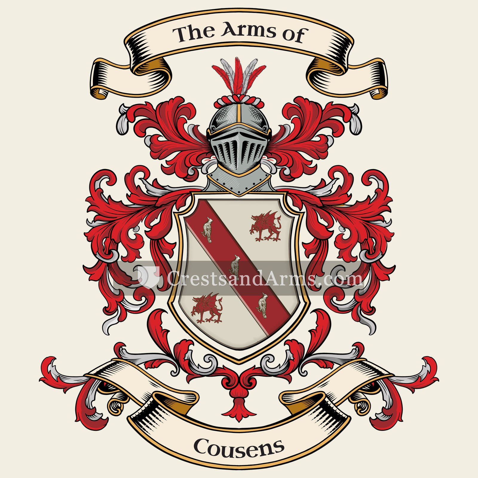The Cousens coat of arms, drawn from the recorded blazon