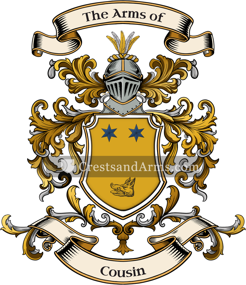 The Cousin coat of arms, drawn from the recorded blazon