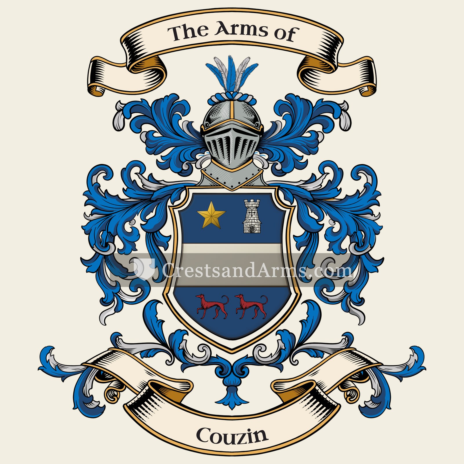 The Couzin coat of arms, drawn from the recorded blazon