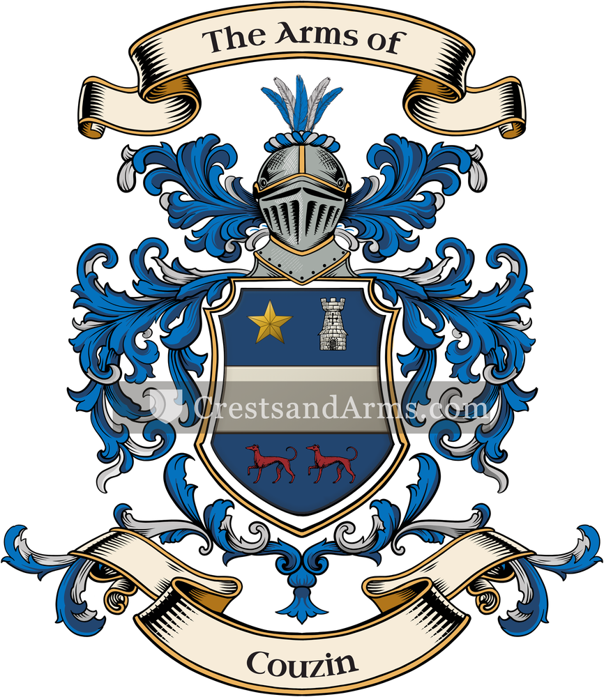 The Couzin coat of arms, drawn from the recorded blazon