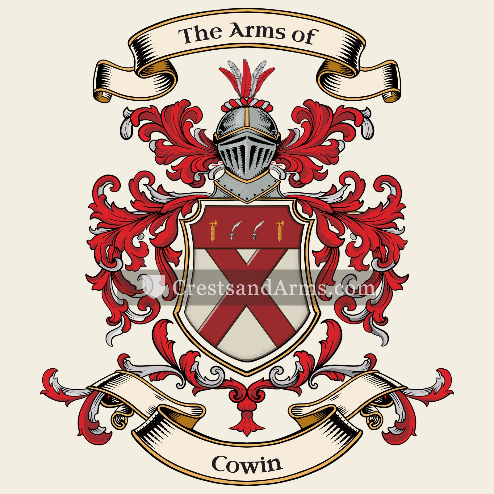 The Cowin coat of arms, drawn from the recorded blazon