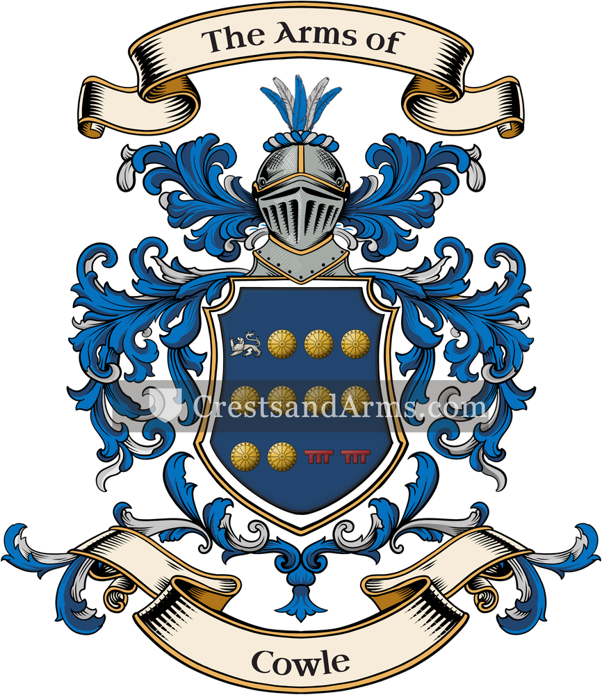 The Cowle coat of arms, drawn from the recorded blazon
