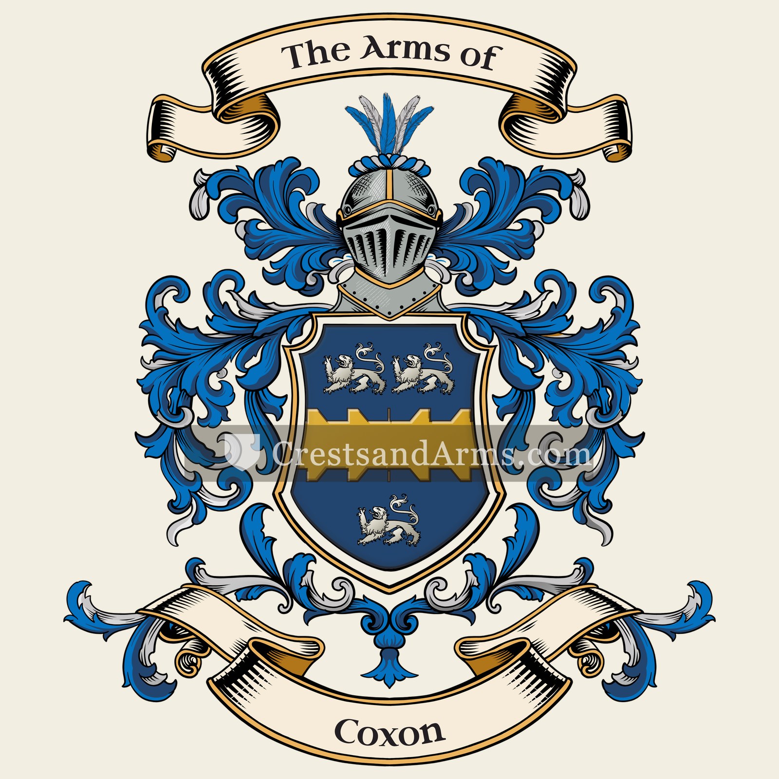 The Coxon coat of arms, drawn from the recorded blazon